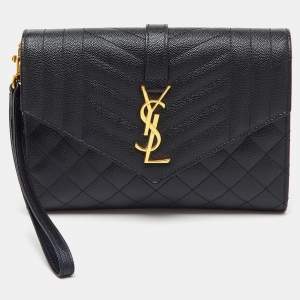 Pre Owned Saint Laurent Black Leather Monogram Envelope Pouch Clutch