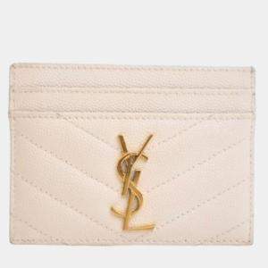 Pre Owned Saint Laurent White Grained Calfskin Card Holder