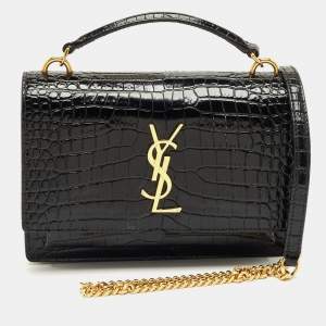 Pre Owned Saint Laurent Black Croc Embossed Leather Sunset Wallet on Chain