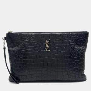 Pre Owned Saint Laurent Paris Black Leather Monogram Clutch