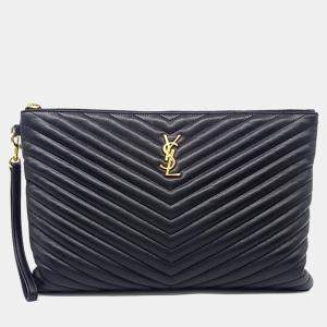 Pre Owned Saint Laurent Paris Black Leather Monogram Clutch
