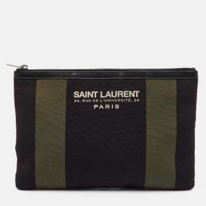 Pre Owned Saint Laurent Black/Khaki Stripe Canvas and Leather Zip Pouch