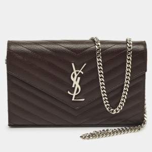 Pre Owned Saint Laurent Dark Burgundy Matelassé Leather Cassandre Wallet on Chain
