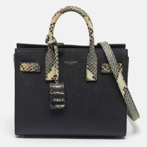 Pre Owned Saint Laurent Black/Cream Python Embossed and Leather Nano Classic Sac De Jour Tote