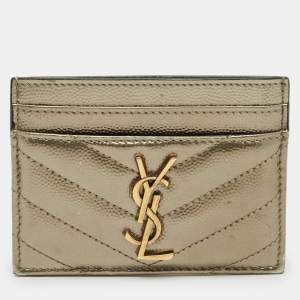 Pre Owned Saint Laurent Metallic Matelassé Leather Monogram Card Holder