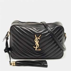Pre Owned Saint Laurent Black Matelassé Leather Monogram Lou Camera Crossbody Bag