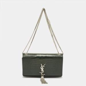 Pre Owned Saint Laurent Green Croc Leather Medium Kate Tassel Chain Shoulder Bag