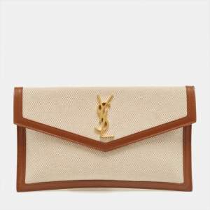 Pre Owned Saint Laurent Brown/Beige Canvas ad Leather Uptown Pouch