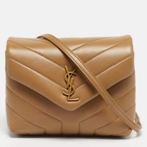 Pre Owned Saint Laurent Dark Beige Matelassé Leather Toy Loulou Crossbody Bag