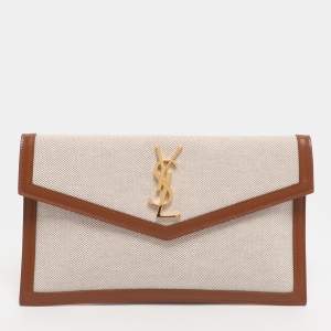 Pre Owned Saint Laurent Beige/Tan Canvas and Leather Uptown Pouch
