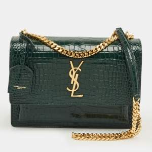 Pre Owned Saint Laurent Green Croc Embossed Leather Medium Sunset Shoulder Bag