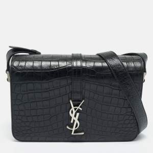 Pre Owned Saint Laurent Black Croc Embossed Leather Medium Universite Shoulder Bag