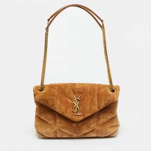 Pre Owned Saint Laurent Brown Quilted Suede Small Loulou Puffer Shoulder Bag