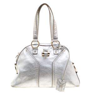 Pre Owned Yves Saint Laurent Silver Leather Medium Muse Satchel