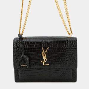 Pre Owned Saint Laurent Paris Sunset Chain shoulder Bag Black Croco Embossed Leather