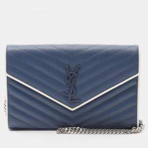 Pre Owned Saint Laurent Paris Cassandra Classic Shoulder Bag Leather Blue And White