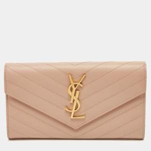 Pre Owned Saint Laurent Monogram Light Pink Matelassé Leather Envelope Wallet