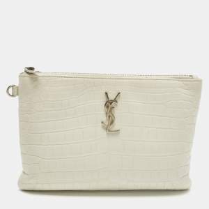 Pre Owned Saint Laurent Monogram White Croc Embossed Leather Wristlet Pouch 