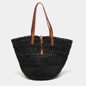 مملوكة مسبقًا Saint Laurent Panier Black Crochet Raffia Tote
