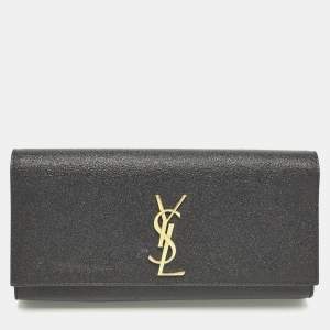 مملوكة مسبقًا Saint Laurent Monogram Dark Grey Shimmer Leather Clutch