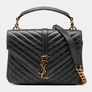 Pre Owned Saint Laurent Paris Black Medium Chevron Sheepskin Monogram College Satchel