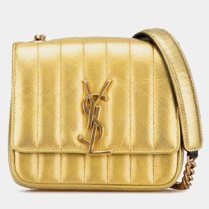 Pre Owned Saint Laurent Paris Gold Small Metallic Grain De Poudre Monogram Vicky Chain Bag