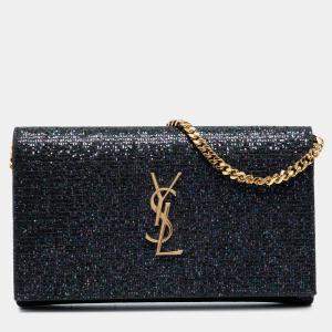 مملوكة مسبقًا Saint Laurent Paris Black Glitter Monogram Kate Wallet on Chain