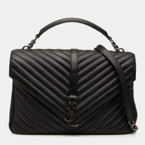 مملوكة مسبقًا Saint Laurent Paris Black Large Chevron Sheepskin Monogram College Bag
