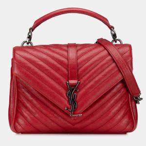 Pre Owned Saint Laurent Paris Red Medium Chevron Sheepskin Monogram College Satchel