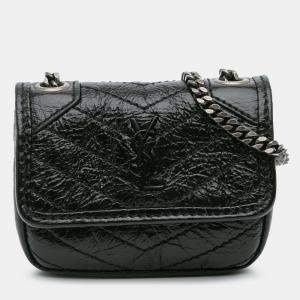 مملوكة مسبقًا Saint Laurent Paris Black Micro Crinkled Leather Niki Airpods Case with Chain