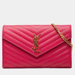 Pre Owned Saint Laurent Paris Pink Grain De Poudre Classic Cassandre Chain Wallet