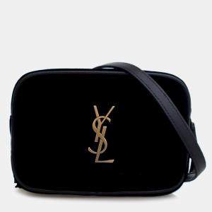 مملوكة مسبقًا Saint Laurent Paris Black Mini Velvet Monogram Lou Camera Belt Bag
