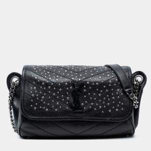 Pre Owned سان لوران باريس حقيبة جسم ني�كي سوداء مرصعة جلد عجل مونوغرام ستاردست