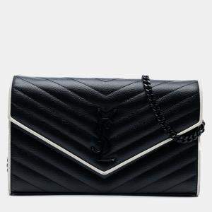 مملوكة مسبقًا Saint Laurent Paris Black Grain De Poudre Matelasse Chevron Monogram Chain Wallet