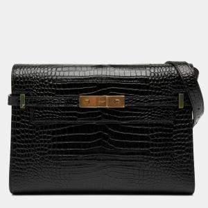 Pre Owned Saint Laurent Paris Black Medium Shiny Croc Embossed Manhattan Shoulder Bag