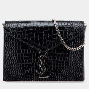 Pre Owned Saint Laurent Paris Black Croc Embossed Leather Monogram Cassandra Clasp Bag