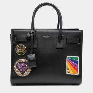 مملوكة مسبقًا Saint Laurent Paris Black Baby Leather Patch Embellished Sac De Jour Satchel