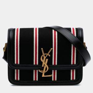 Pre Owned Saint Laurent Paris Black Small Canvas Striped Solferino Satchel In Box