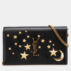 Pre Owned Saint Laurent Paris Black Leather Moon and Star Monogram Kate Wallet On Chain
