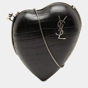 Pre Owned Saint Laurent Paris Black Crocodile Embossed Calfskin Love Box Chain Clutch