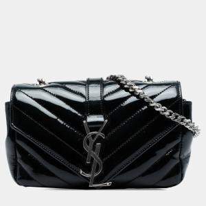 Pre Owned Saint Laurent Paris Black Baby Patent Chevron Classic Monogram Chain Bag