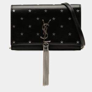 Pre Owned Saint Laurent Paris Black Calfskin Star Print Classic Monogram Kate Tassel Wallet on Chain