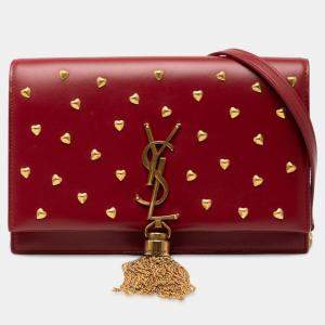 مملوكة مسبقًا Saint Laurent Paris Red Calfskin Heart Studded Classic Monogram Kate Tassel Wallet on Chain