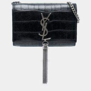 مملوكة مسبقًا Saint Laurent Paris Black Small Croc Embossed Leather Monogram Kate Tassel Crossbody