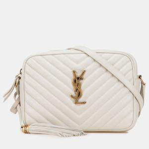 مملوكة مسبقًا Saint Laurent Paris White Quilted Leather Monogram Lou Camera Bag