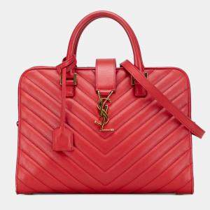 مملوكة مسبقًا Saint Laurent Paris Red Small Chevron Calfskin Monogram Cabas Satchel