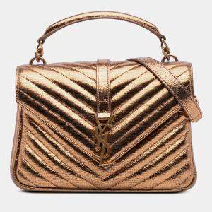 مملوكة مسبقًا Saint Laurent Paris Brown Medium Metallic Calfskin Chevron Monogram College Bag