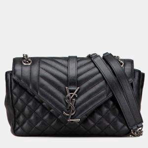 Pre Owned Saint Laurent Paris Black Medium Sheepskin Triquilt Monogram College Bag