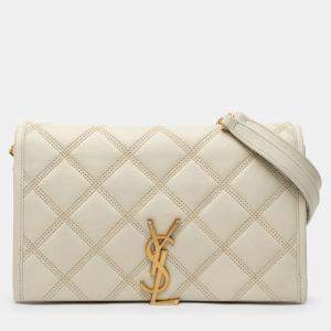 مملوكة مسبقًا Saint Laurent Paris White Quilted Lambskin Diamond Becky Chain Wallet
