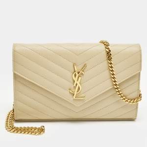 Pre Owned Saint Laurent Cassandre Beige Matelassé Leather Wallet On Chain